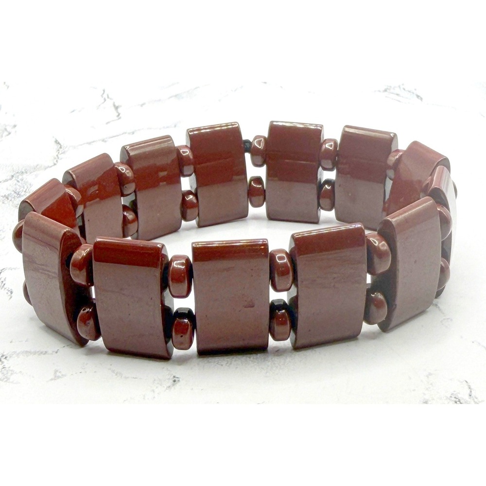 Chunky Brown‎ Stone Tile Stretch Bracelet Wide Unisex 7.75 x .75" Earthy